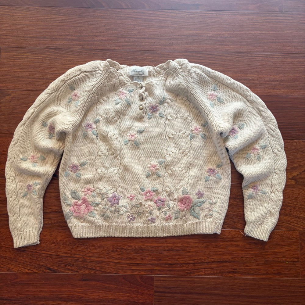 Margules Vintage Padded Floral Embroidery Cable Knit Pearl Button Henley Sweater